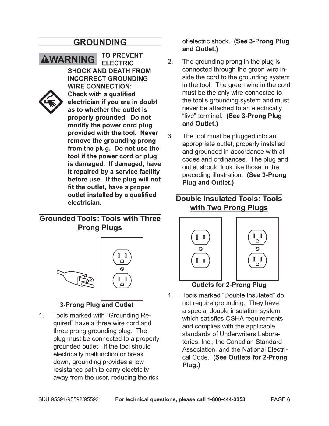 Chicago Electric 95591-.75 HP operating instructions Prong Plug and Outlet, Outlets for 2-Prong Plug 