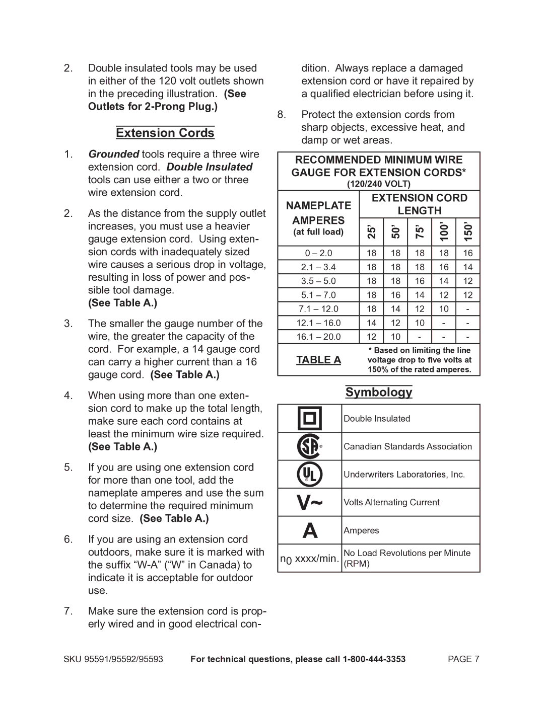 Chicago Electric 95591-.75 HP operating instructions See Table a, 25’ 50’ 75’ 