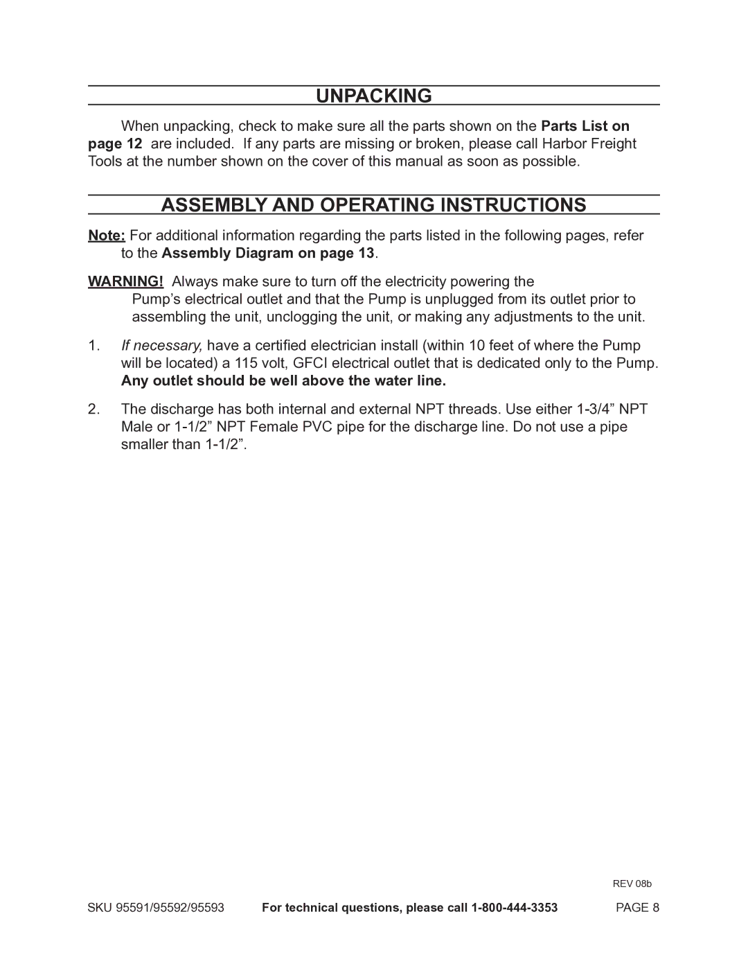 Chicago Electric 95591-.75 HP operating instructions Unpacking, Assembly and Operating Instructions 