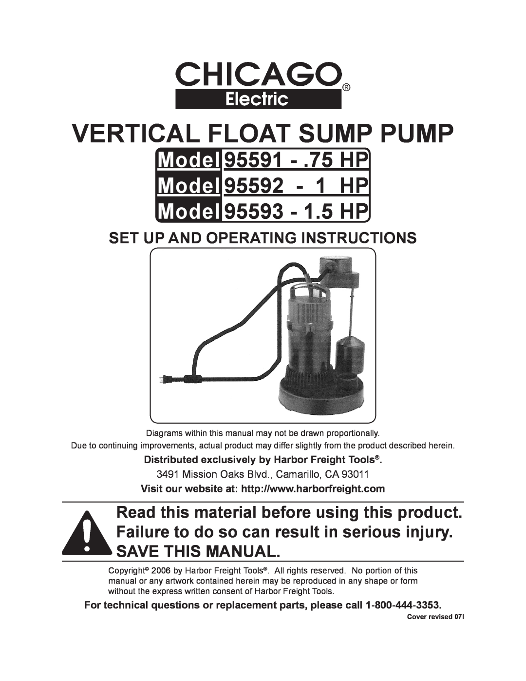 Chicago Electric 95591-.75 HP operating instructions Distributed exclusively by Harbor Freight Tools 