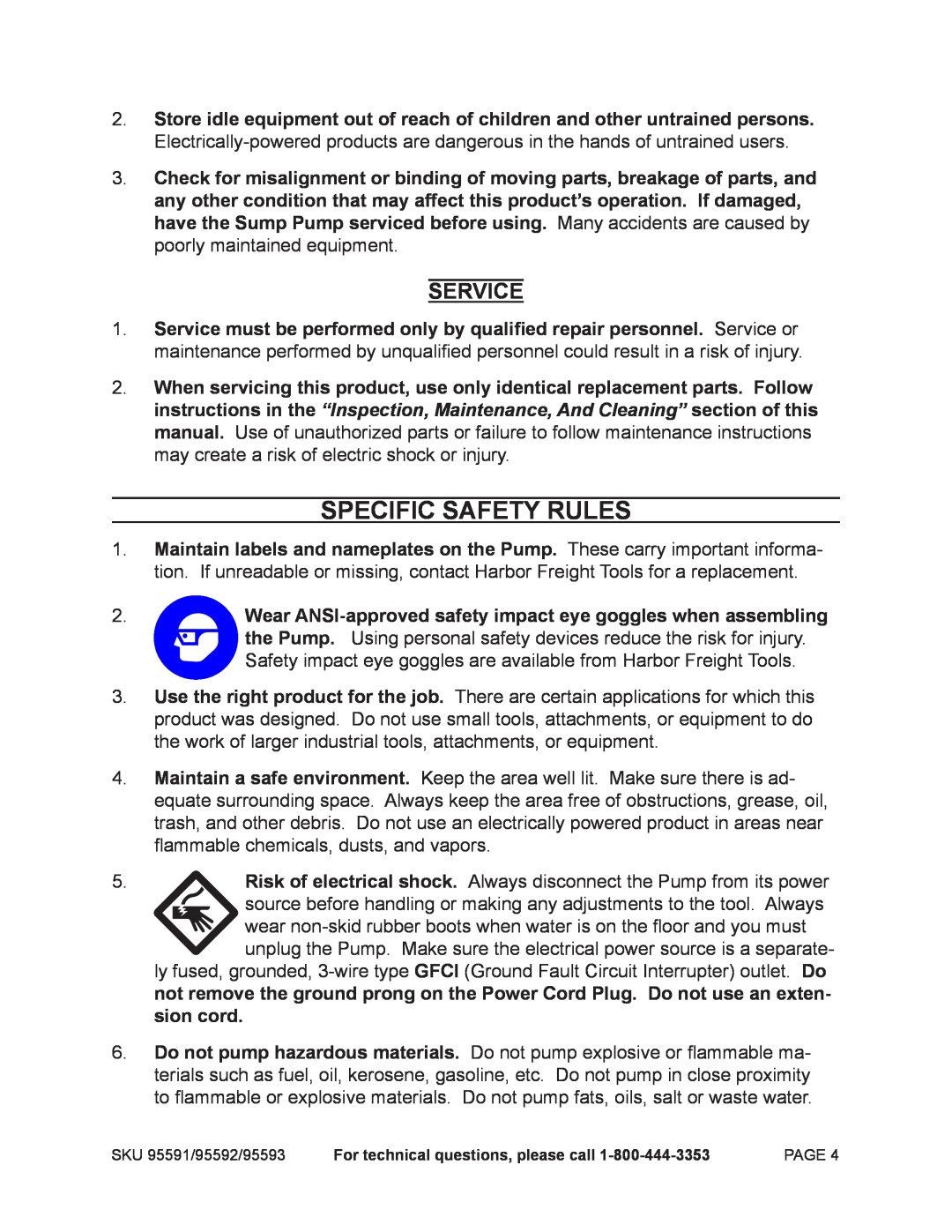 Chicago Electric 95591-.75 HP operating instructions Specific Safety Rules, Service 