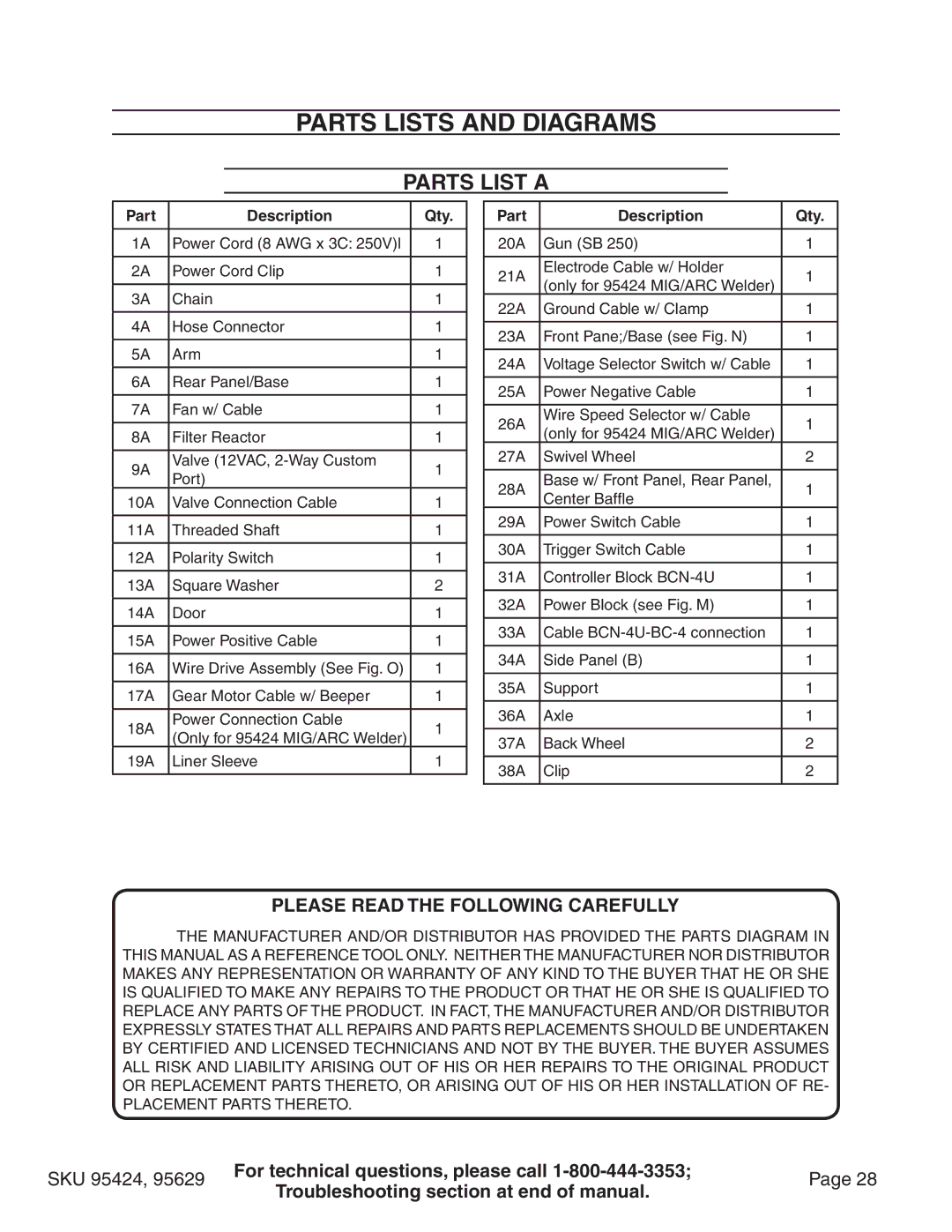 Chicago Electric 95629, 95424 manual Parts Lists and Diagrams, Parts List a 