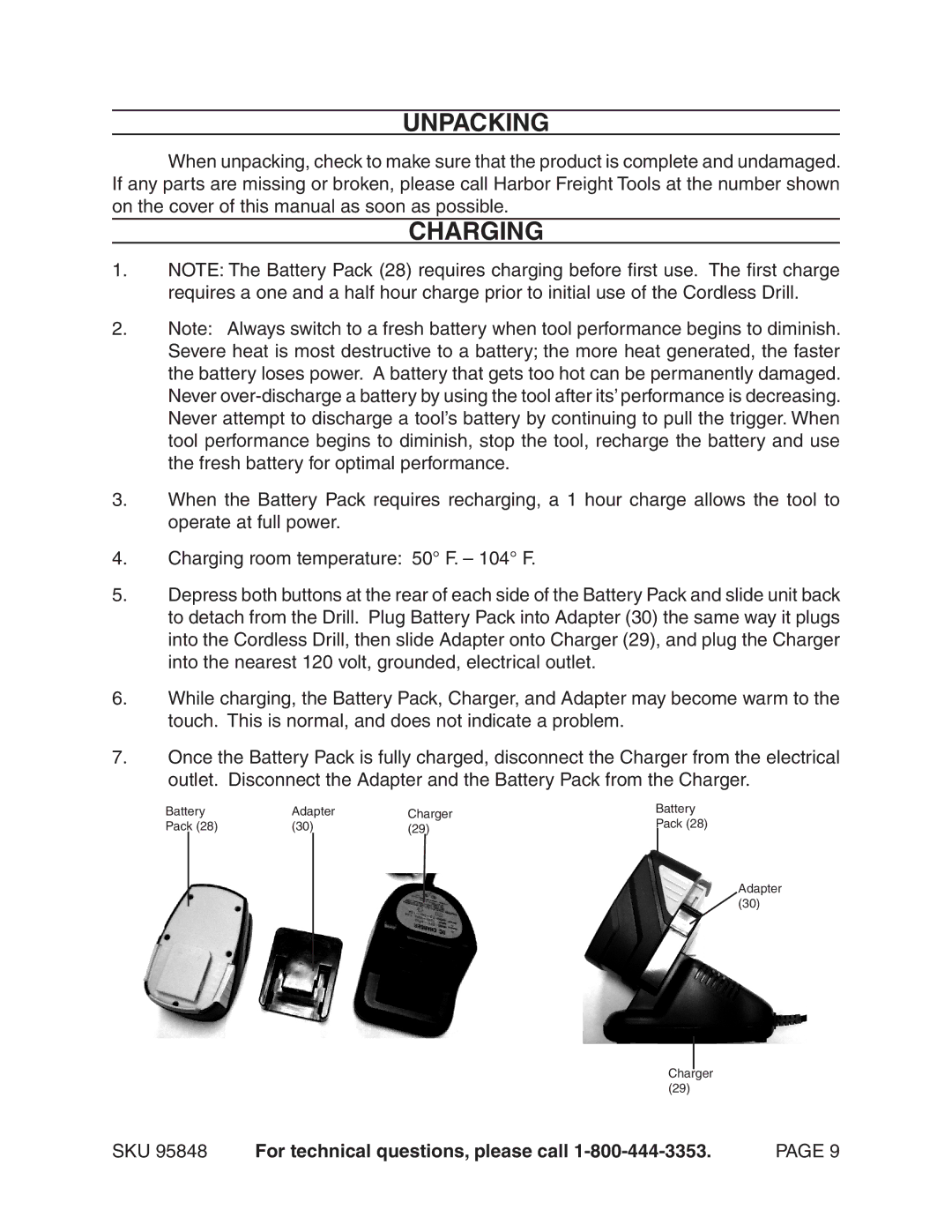 Chicago Electric 95848 operating instructions Unpacking, Charging 