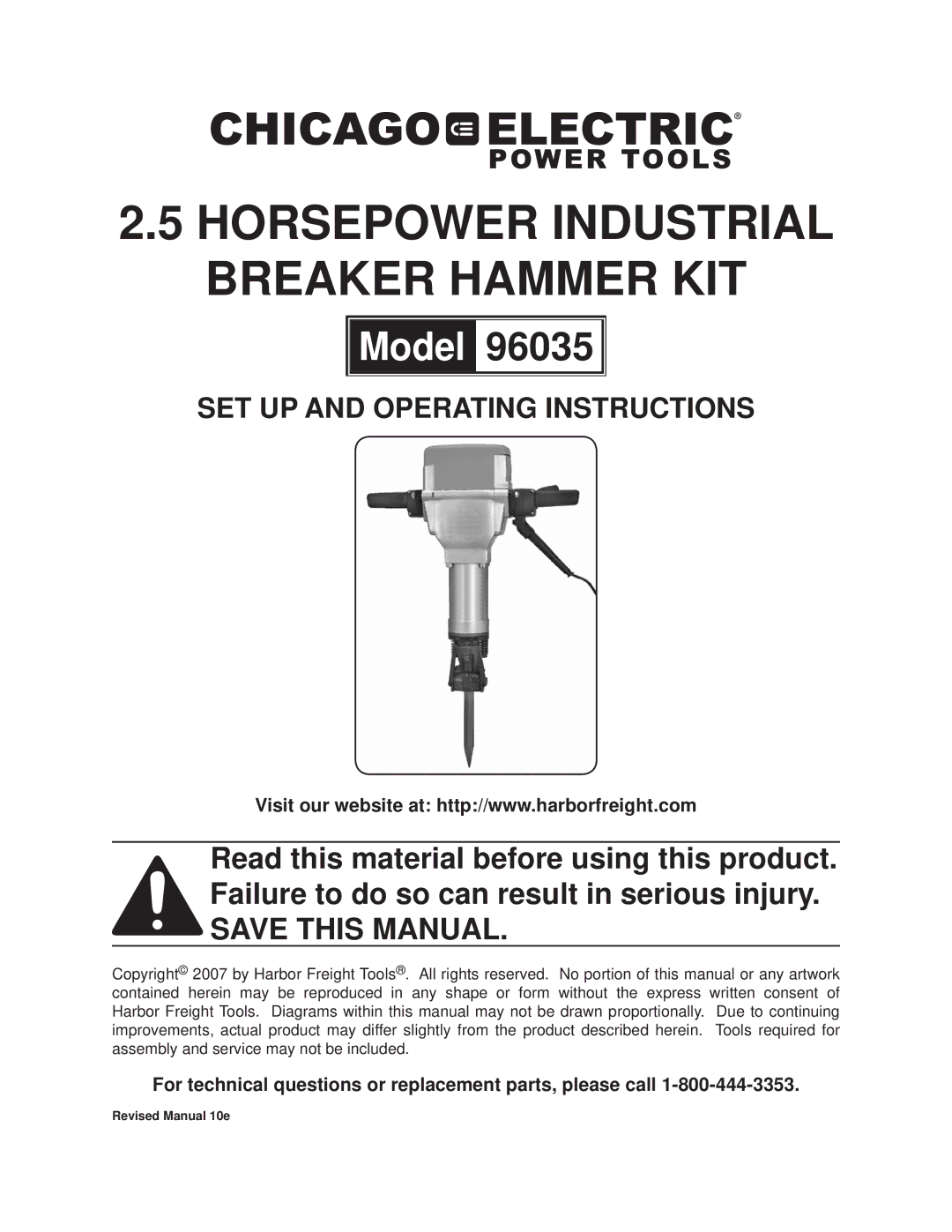 Chicago Electric 96035 operating instructions Horsepower industrial breaker hammer kit 