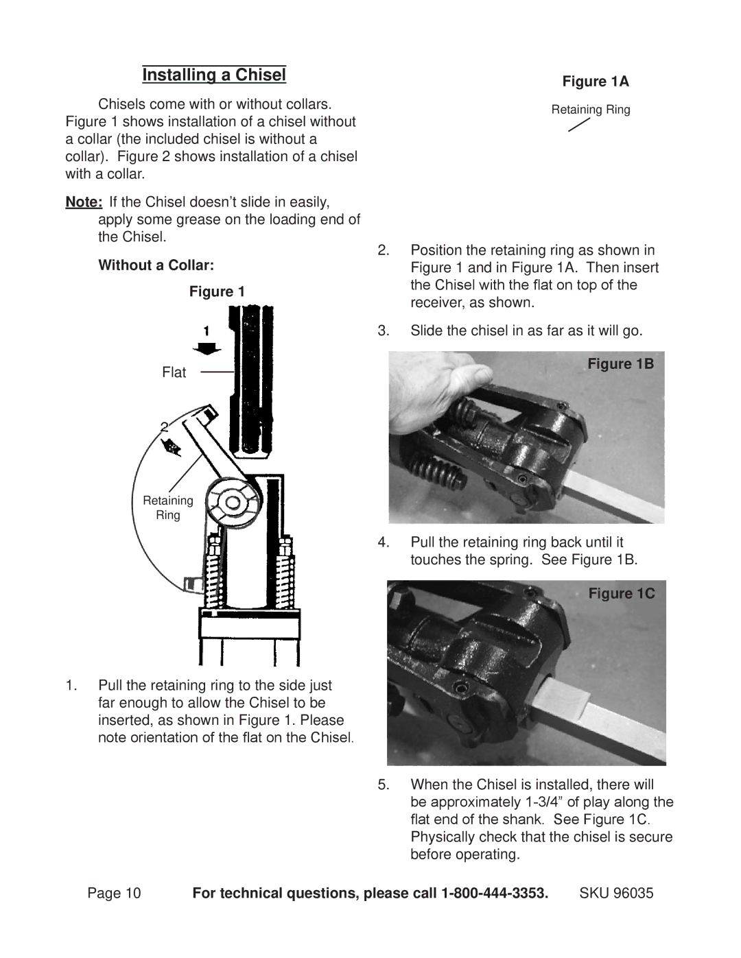 Chicago Electric 96035 operating instructions Installing a Chisel, Without a Collar 