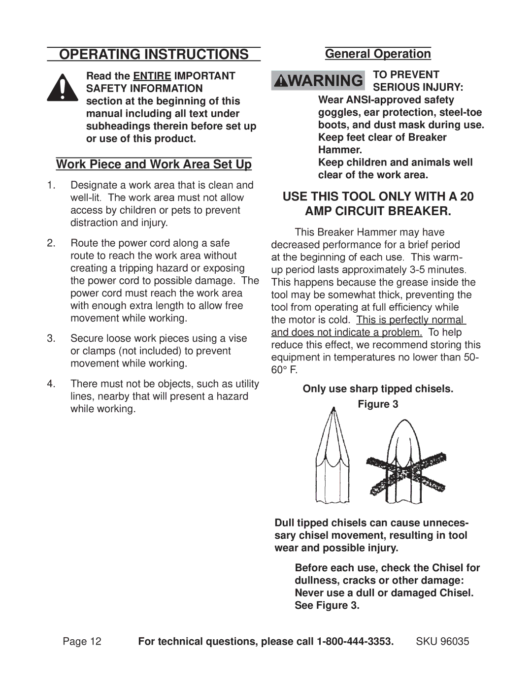 Chicago Electric 96035 operating instructions Operating Instructions, Work Piece and Work Area Set Up, General Operation 