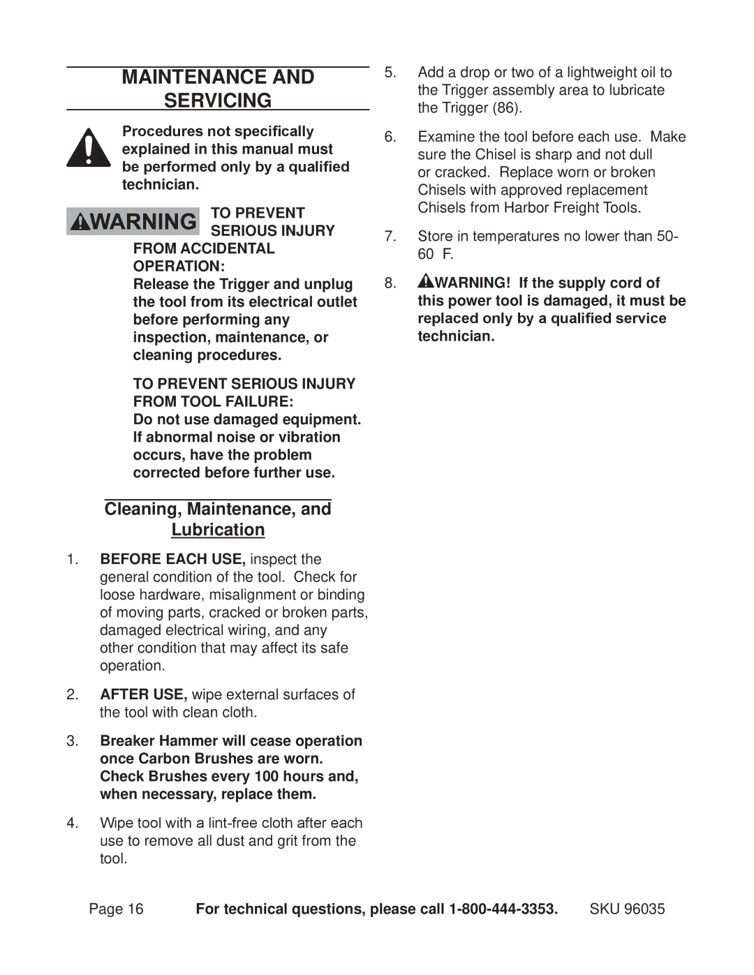 Chicago Electric 96035 operating instructions Maintenance Servicing, Cleaning, Maintenance, Lubrication 