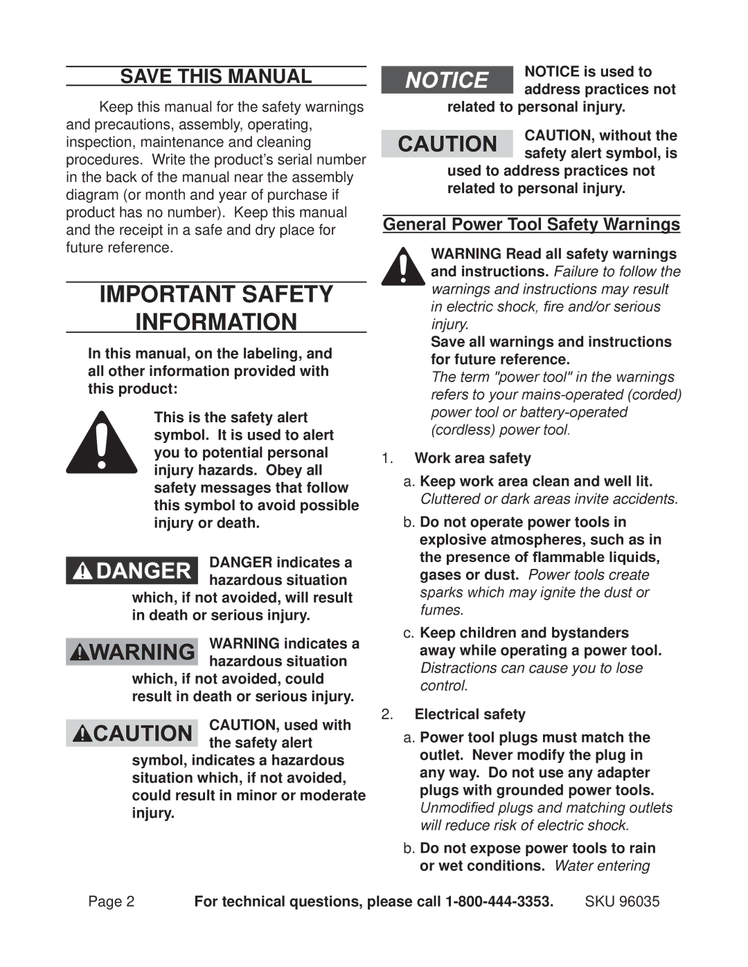 Chicago Electric 96035 operating instructions Save This Manual, General Power Tool Safety Warnings 