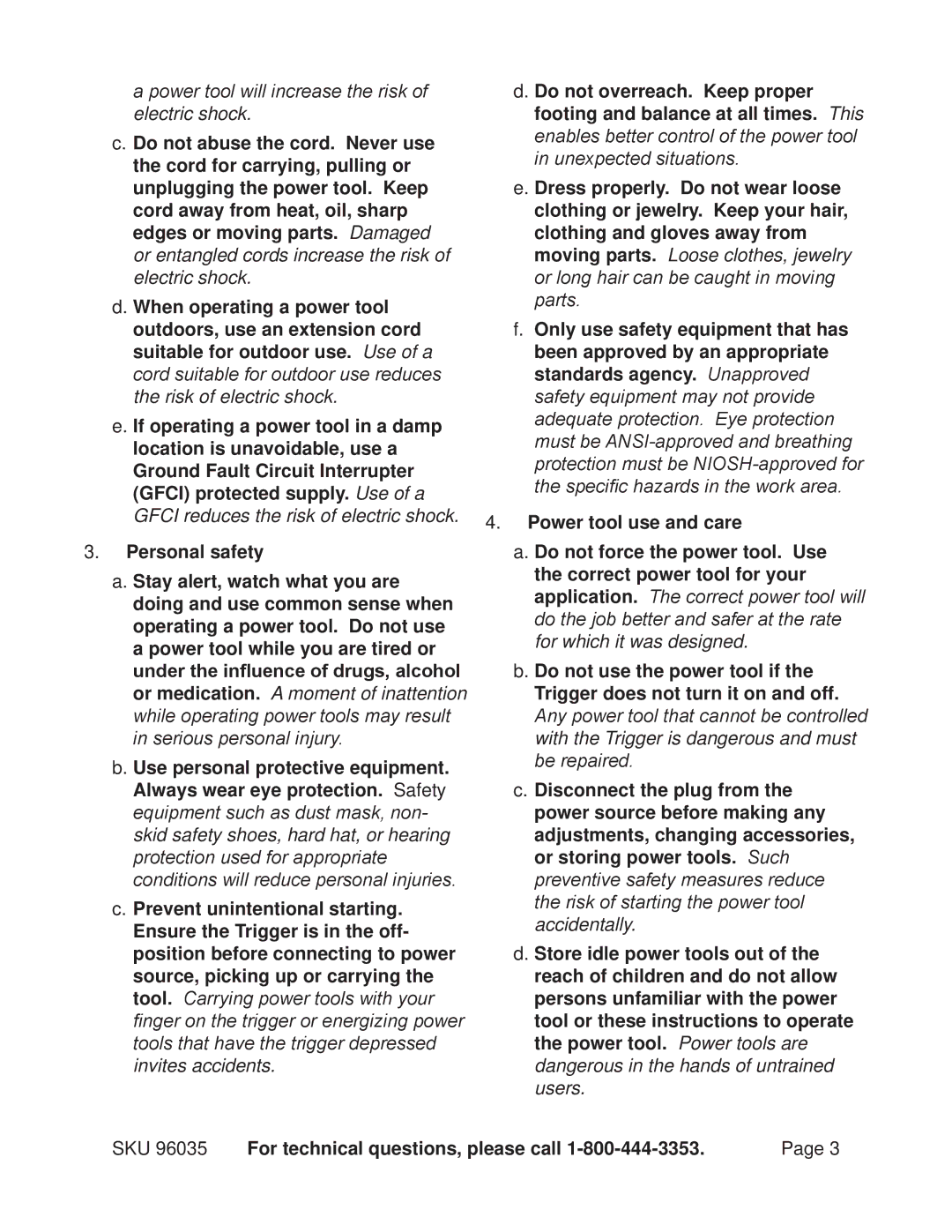 Chicago Electric 96035 operating instructions Power tool will increase the risk of electric shock 