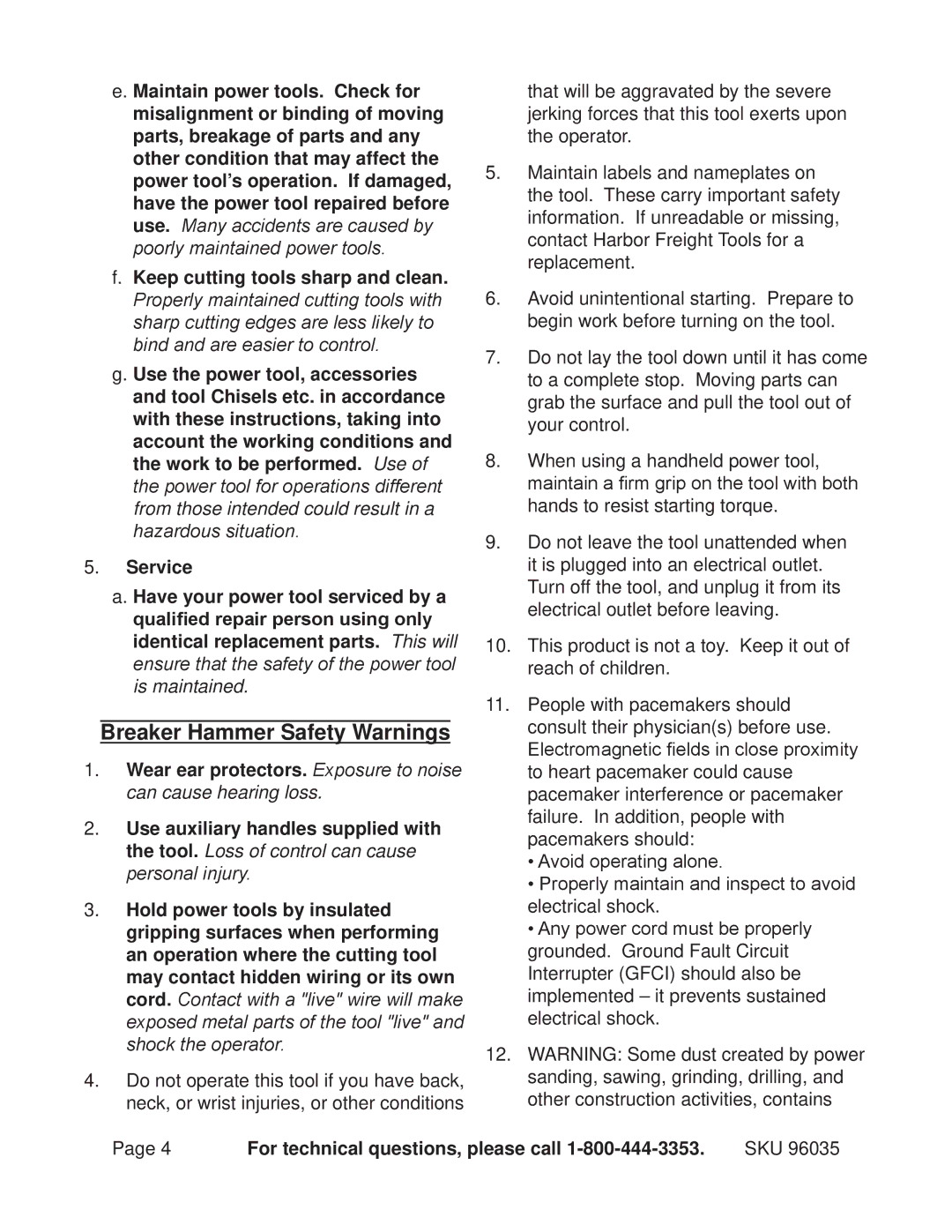 Chicago Electric 96035 operating instructions Breaker Hammer Safety Warnings 