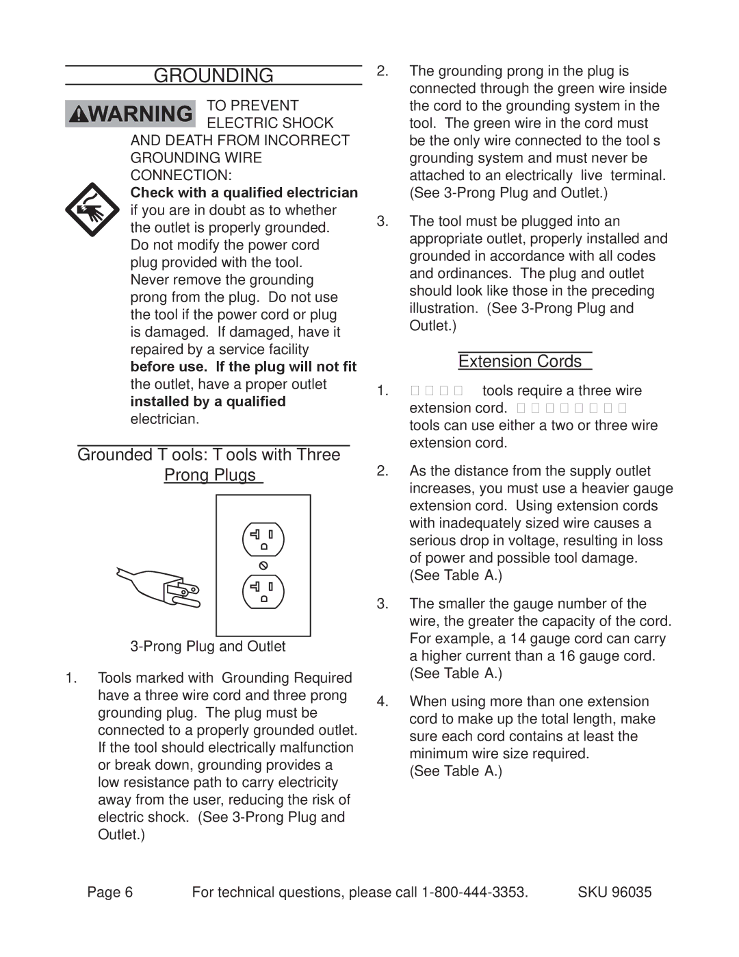 Chicago Electric 96035 operating instructions Grounding, Grounded Tools Tools with Three Prong Plugs, Extension Cords 