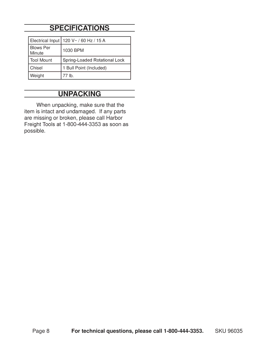 Chicago Electric 96035 operating instructions Specifications, Unpacking 