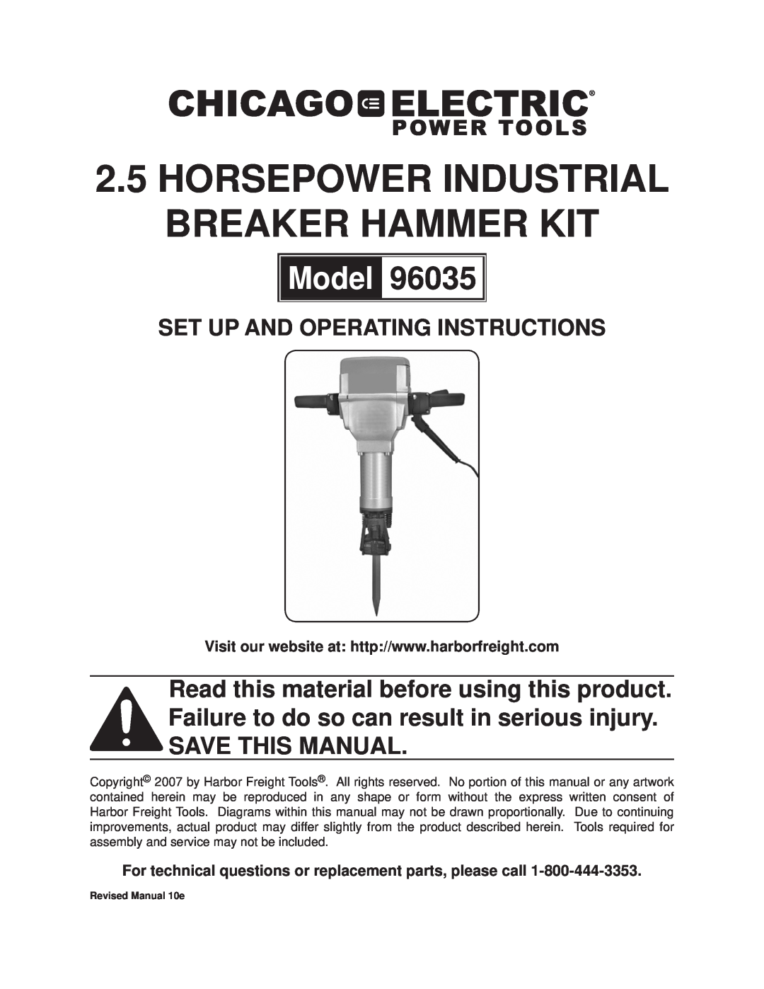 Chicago Electric 96035 operating instructions Horsepower industrial breaker hammer kit, Model 