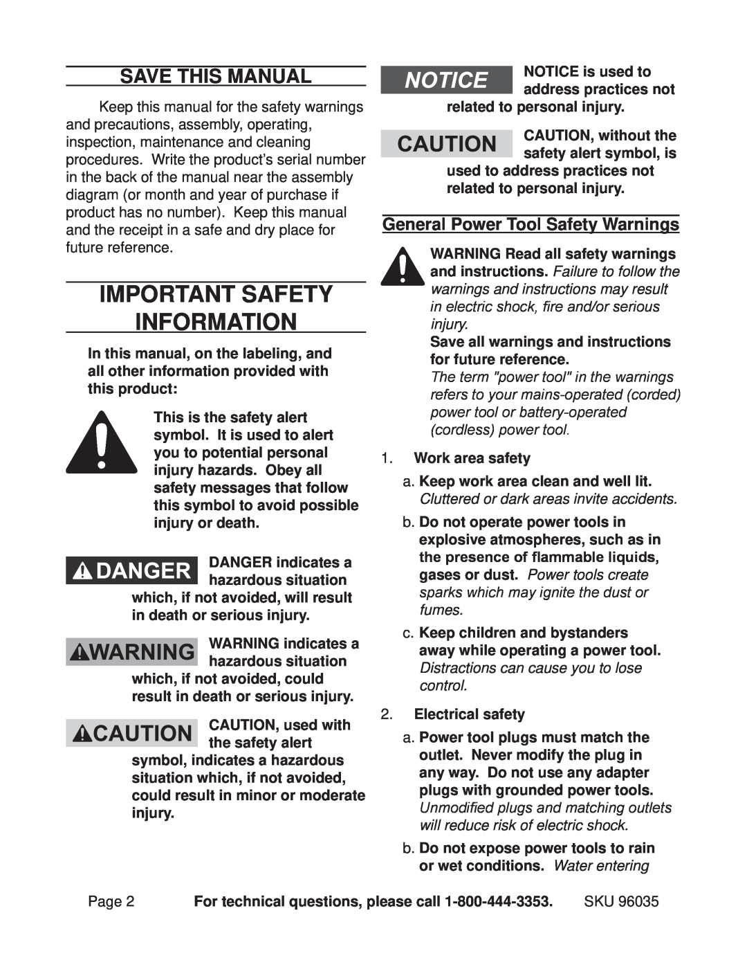 Chicago Electric 96035 Important SAFETY Information, Save This Manual, General Power Tool Safety Warnings 