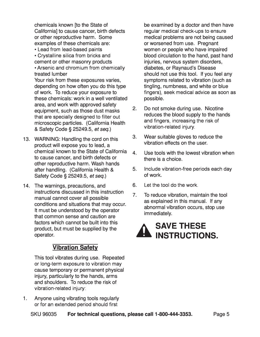 Chicago Electric 96035 operating instructions Save these instructions, Vibration Safety 