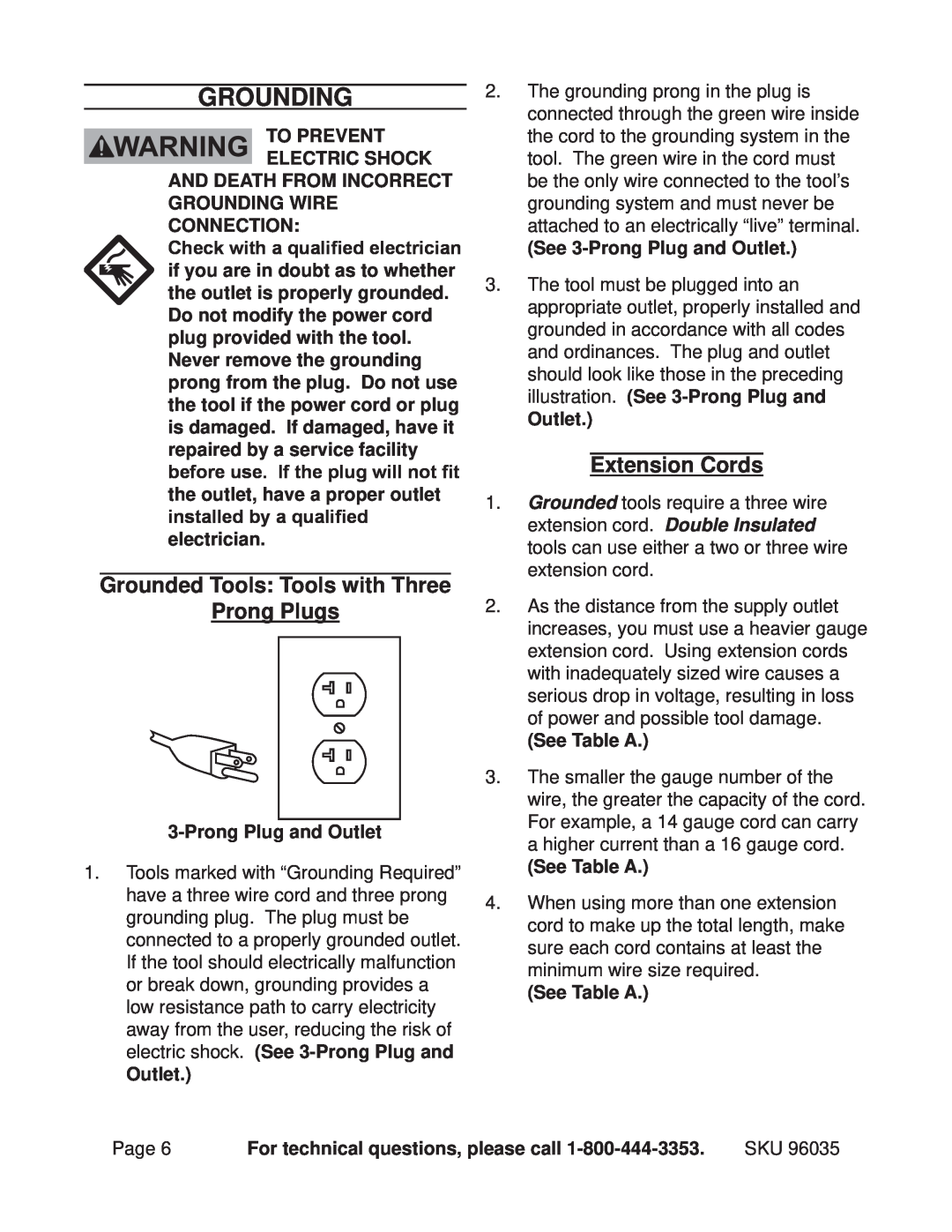 Chicago Electric 96035 operating instructions Grounding, Grounded Tools Tools with Three Prong Plugs, Extension Cords 