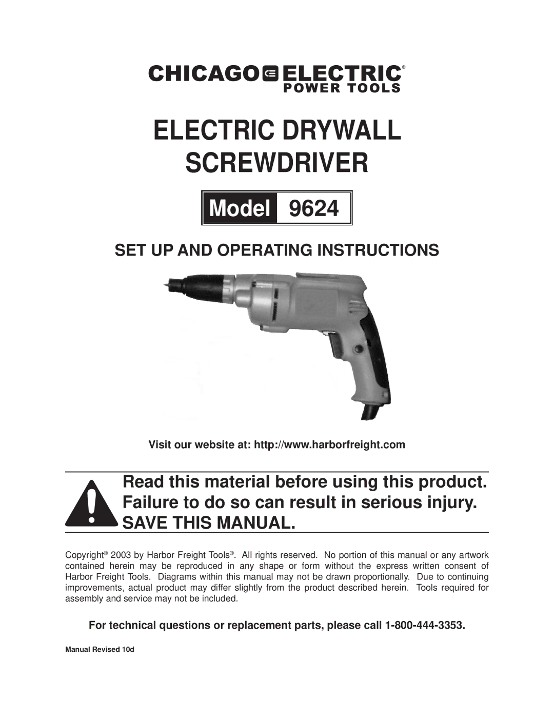 Chicago Electric 9624 operating instructions Electric Drywall Screwdriver 