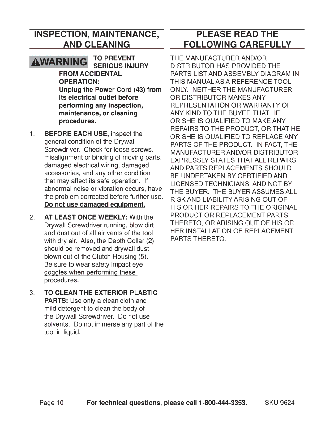 Chicago Electric 9624 INSPECTION, Maintenance Cleaning, Please Read Following Carefully, Do not use damaged equipment 