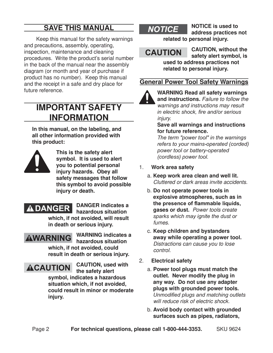 Chicago Electric 9624 operating instructions Save This Manual, General Power Tool Safety Warnings 