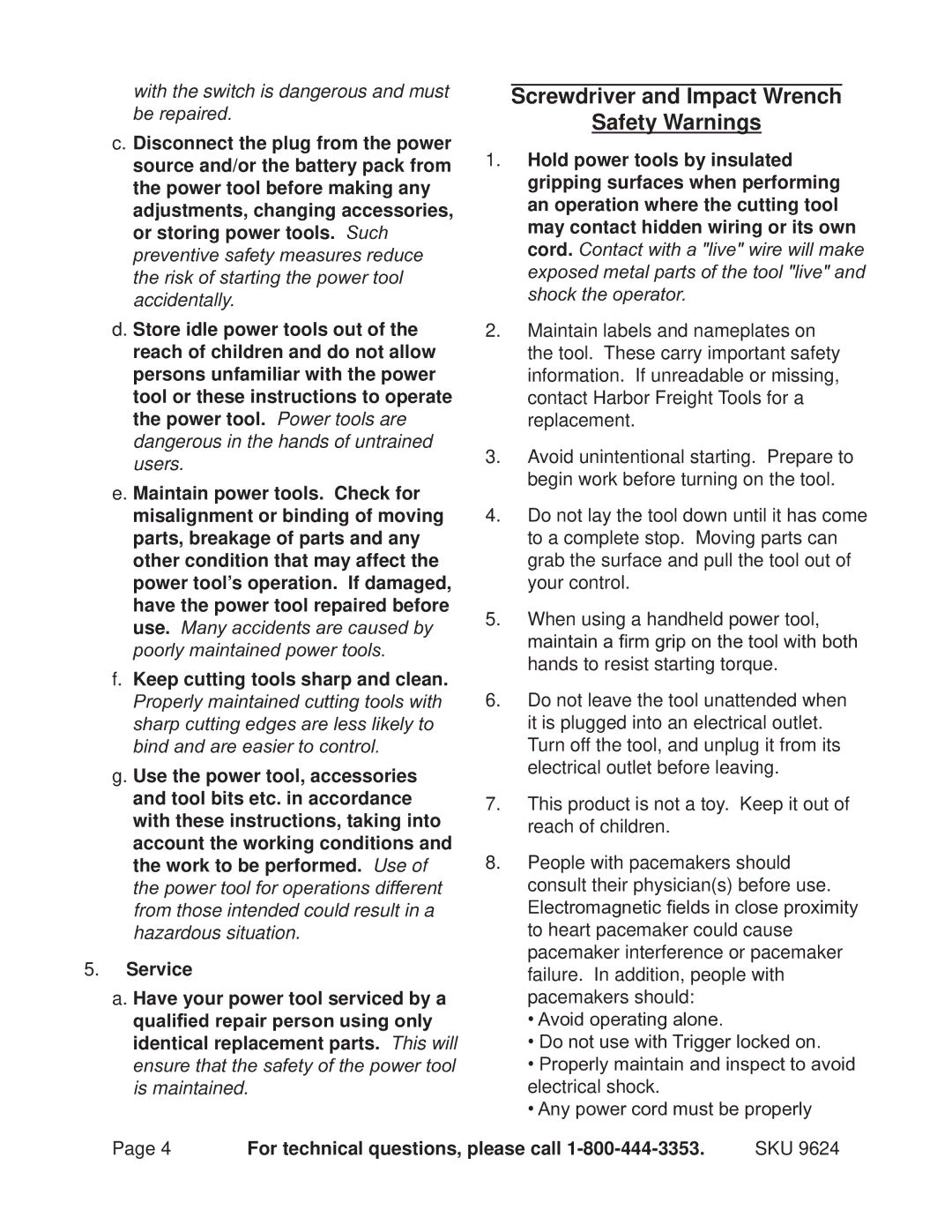 Chicago Electric 9624 operating instructions Screwdriver and Impact Wrench Safety Warnings 