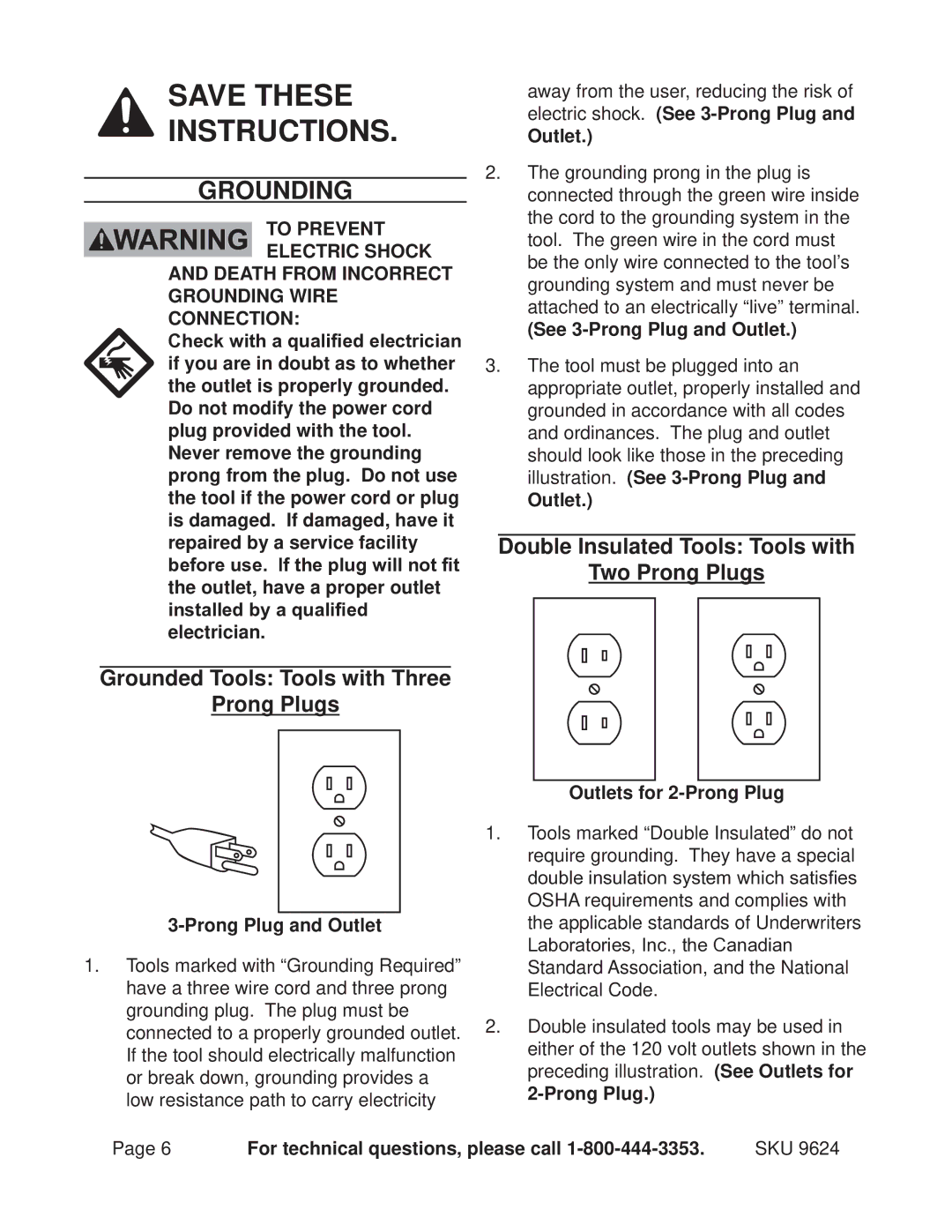 Chicago Electric 9624 operating instructions Grounding, See 3-Prong Plug and Outlet, Outlets for 2-Prong Plug 