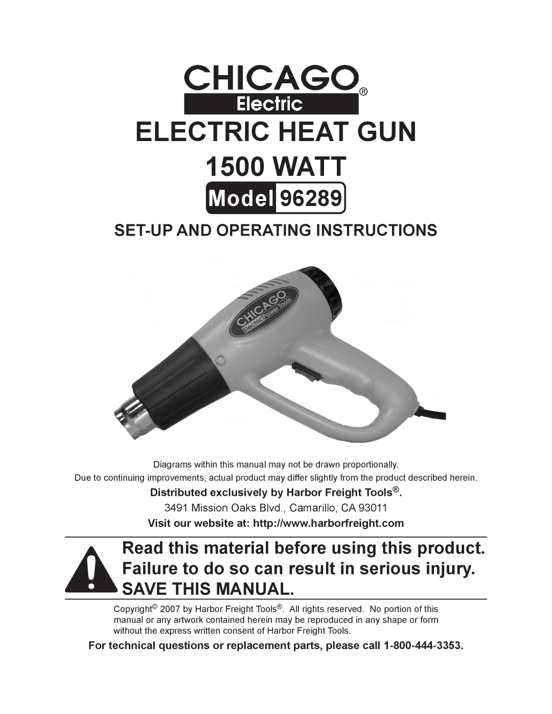 Chicago Electric 96289 operating instructions Distributed exclusively by Harbor Freight Tools 