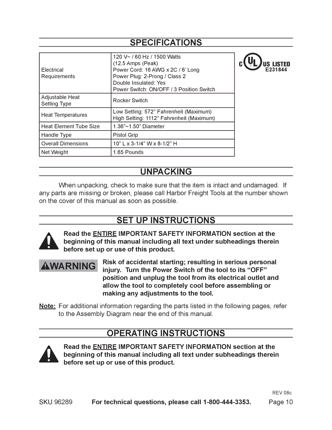 Chicago Electric 96289 operating instructions Specifications, Unpacking, Set Up Instructions, Operating Instructions 