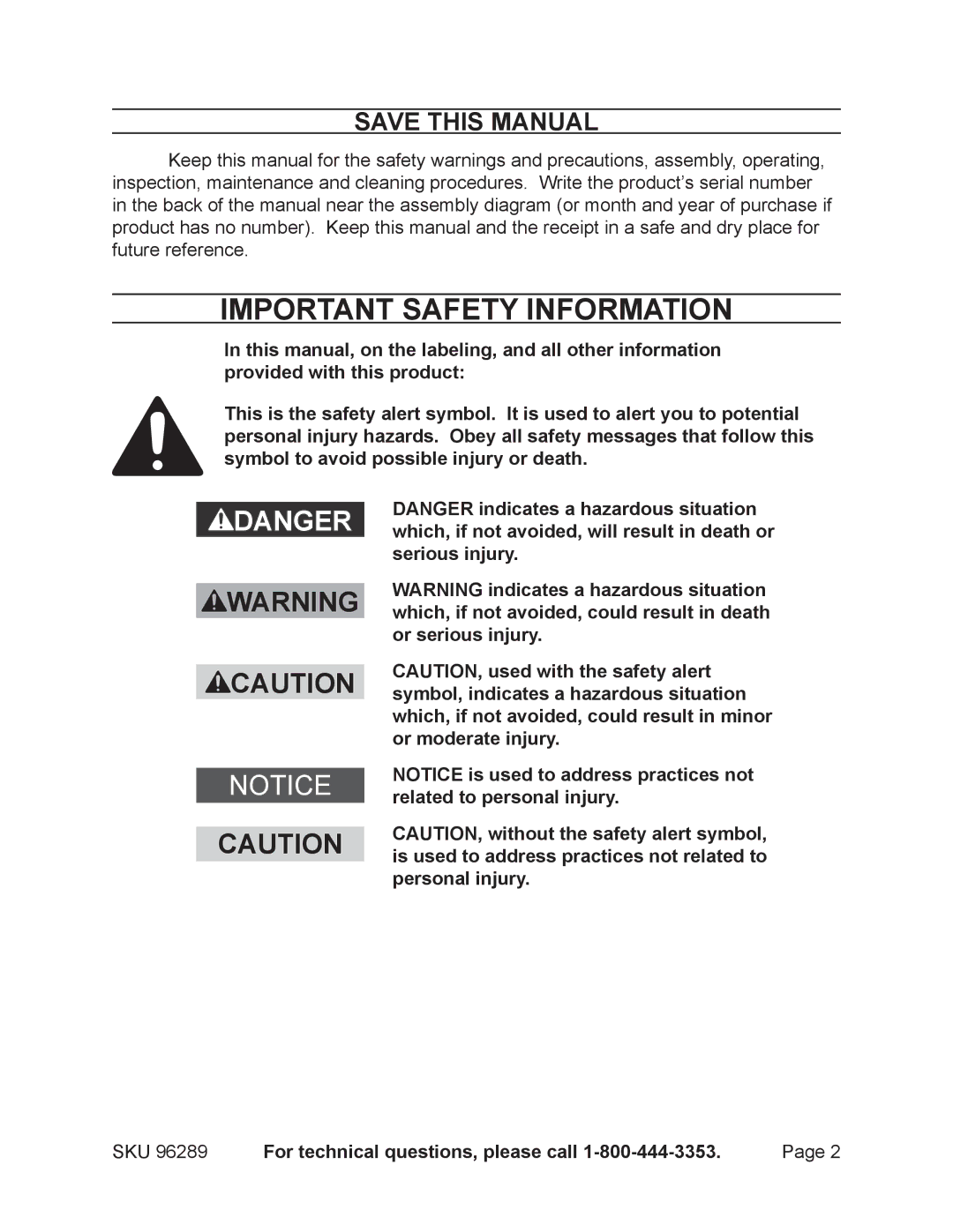 Chicago Electric 96289 operating instructions Save This Manual, For technical questions, please call 