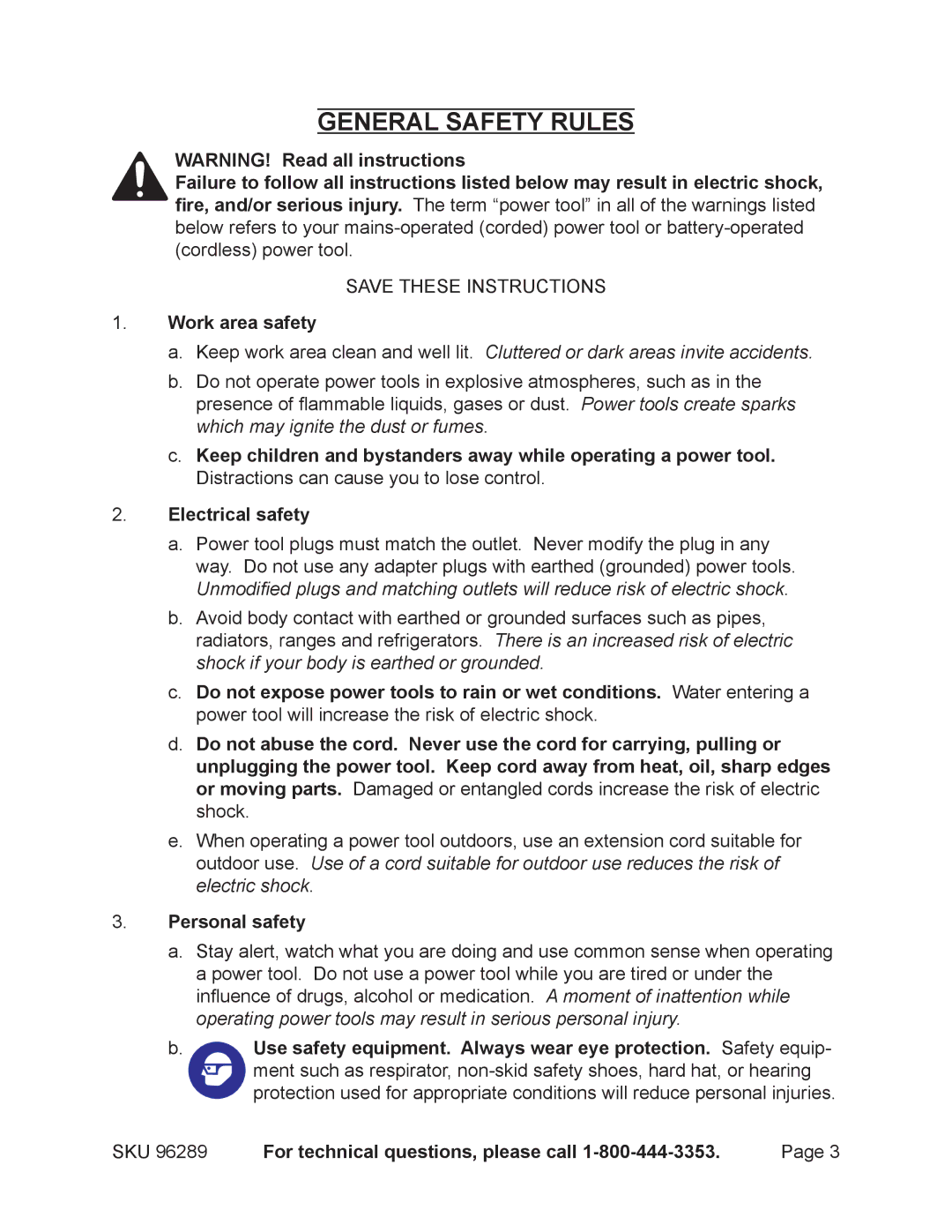 Chicago Electric 96289 operating instructions General Safety Rules, Work area safety, Electrical safety, Personal safety 