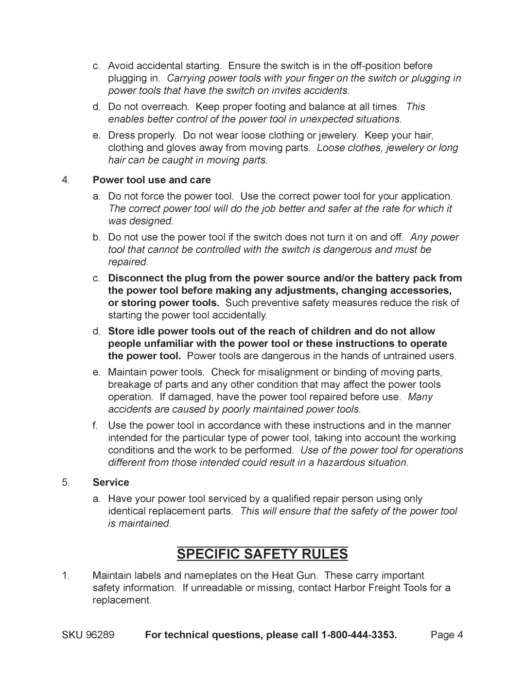 Chicago Electric 96289 operating instructions Specific Safety Rules, Power tool use and care, Service 