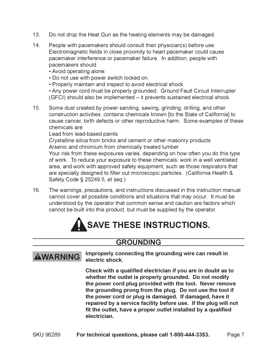 Chicago Electric 96289 Grounding, Improperly connecting the grounding wire can result, Electric shock 