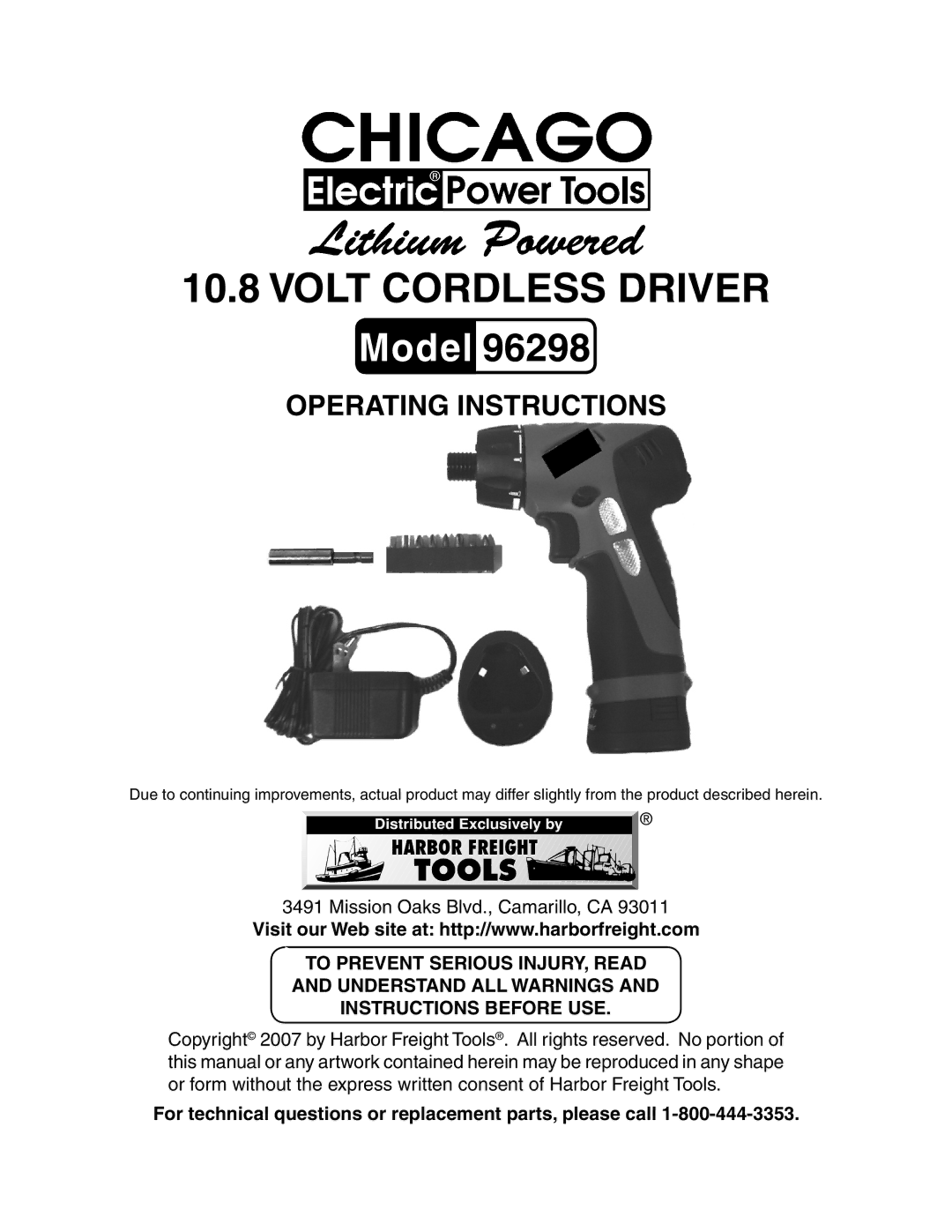 Chicago Electric 96298 operating instructions Volt Cordless driver 