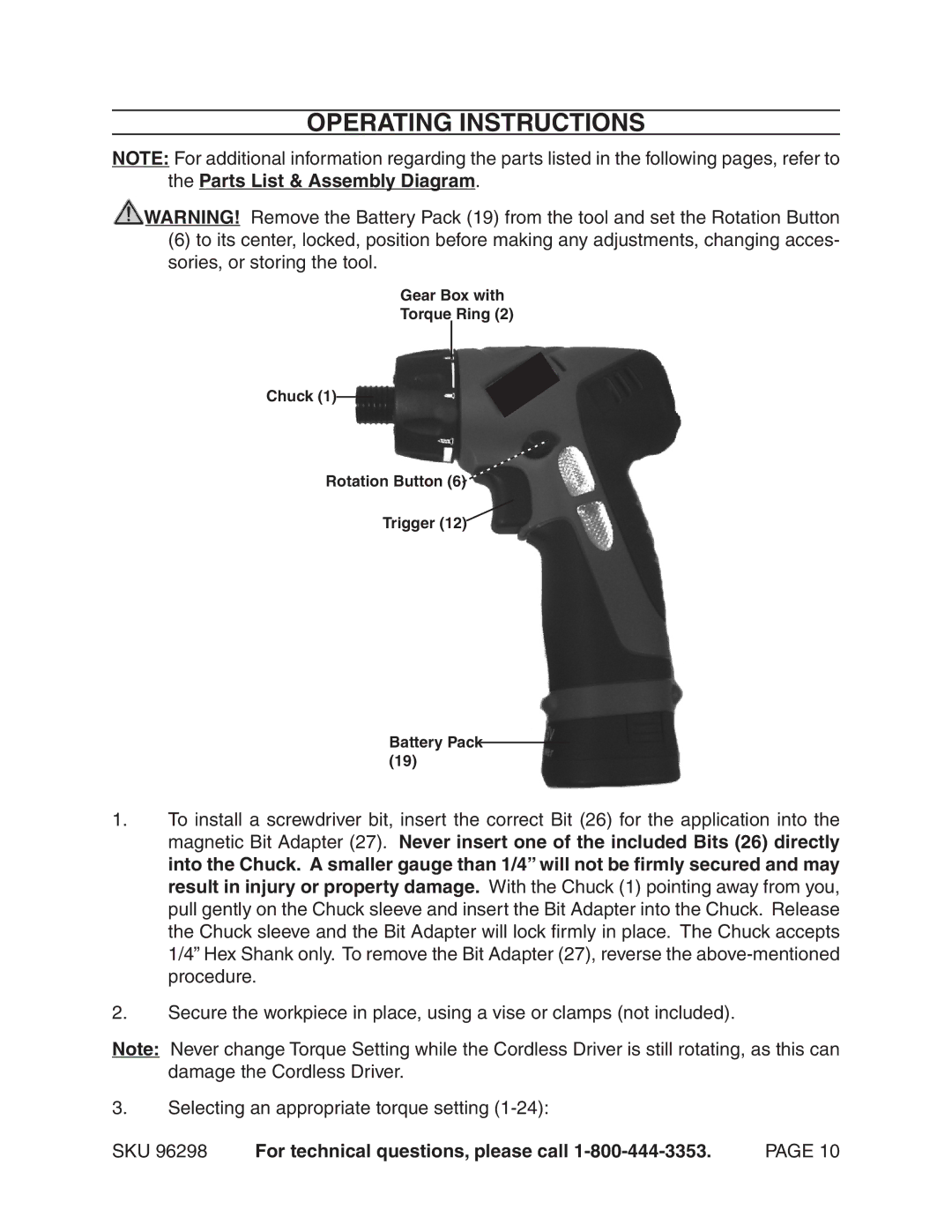 Chicago Electric 96298 operating instructions Operating Instructions 