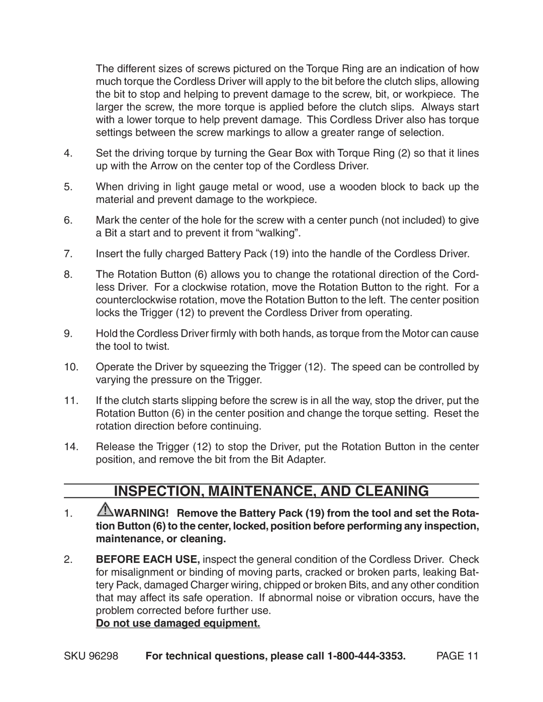 Chicago Electric 96298 operating instructions INSPECTION, MAINTENANCE, and Cleaning 