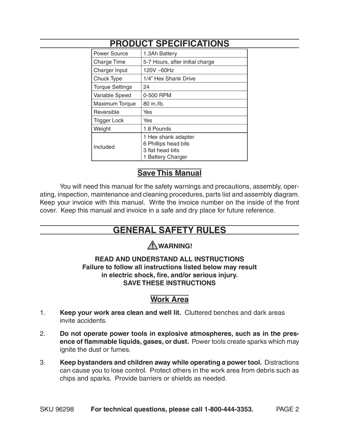 Chicago Electric 96298 operating instructions Product Specifications, General Safety Rules, Save This Manual, Work Area 