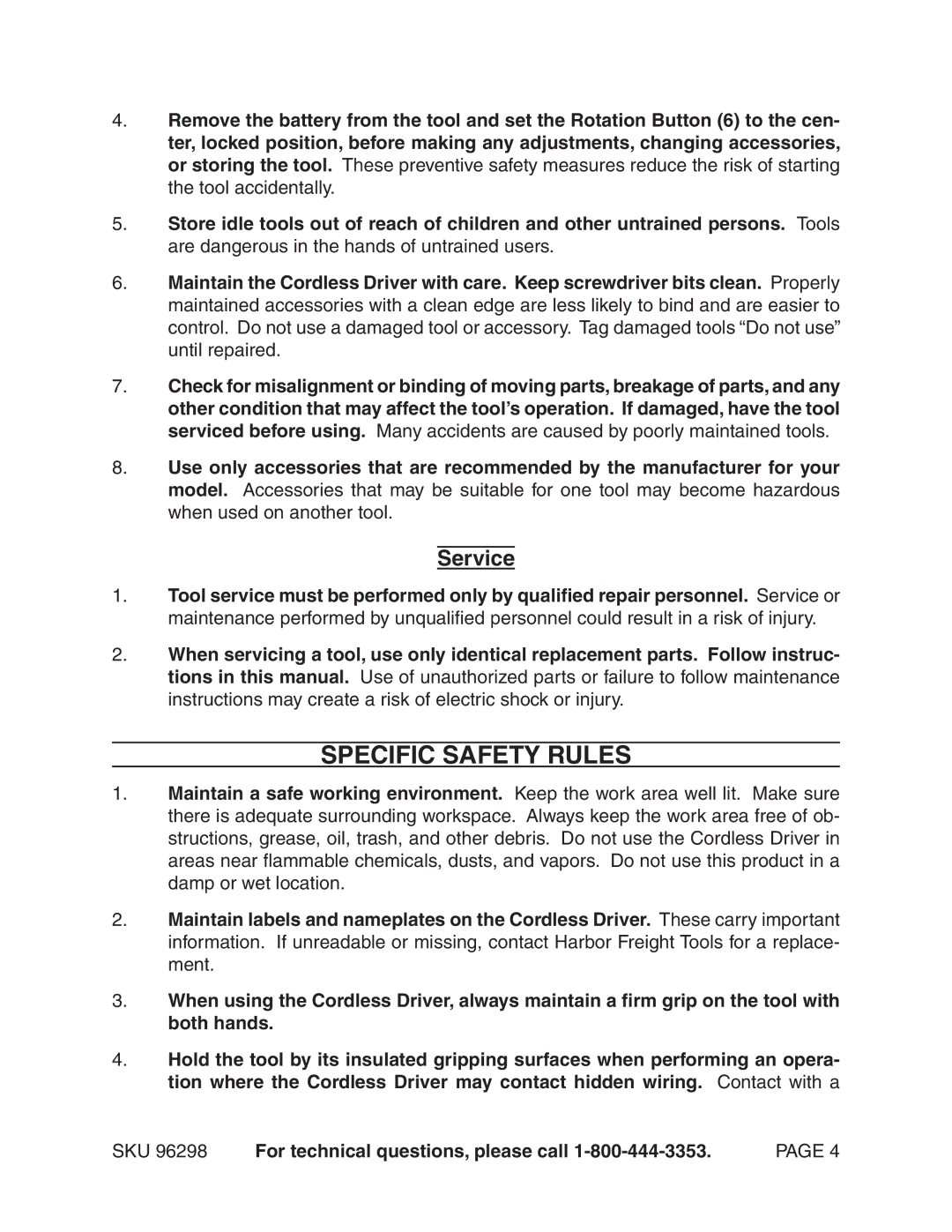 Chicago Electric 96298 operating instructions Specific Safety Rules, Service 