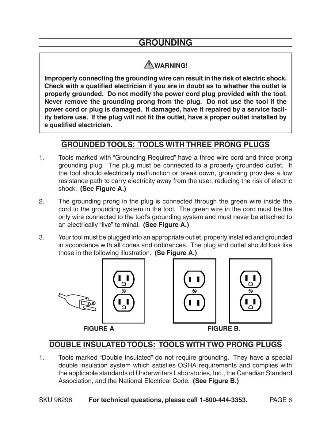 Chicago Electric 96298 operating instructions Grounding, Grounded Tools Tools With Three Prong Plugs 