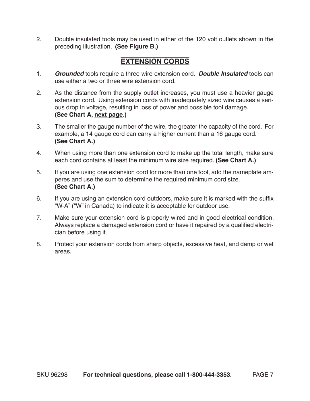 Chicago Electric 96298 operating instructions Extension Cords, See Chart A, next 