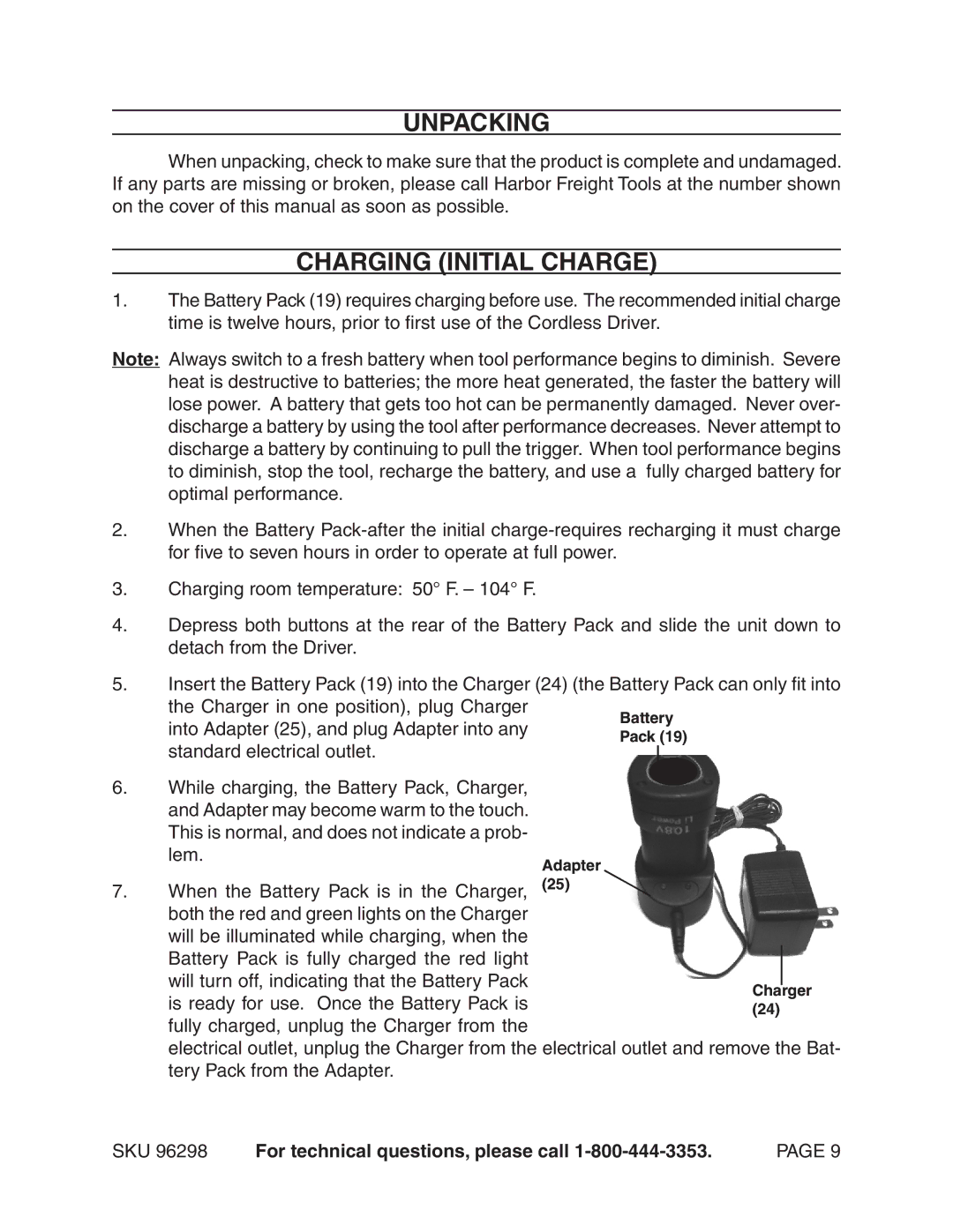 Chicago Electric 96298 operating instructions Unpacking, Charging Initial Charge 