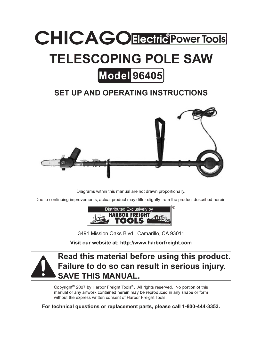 Chicago Electric 96405 manual Telescoping Pole saw, For technical questions or replacement parts, please call 