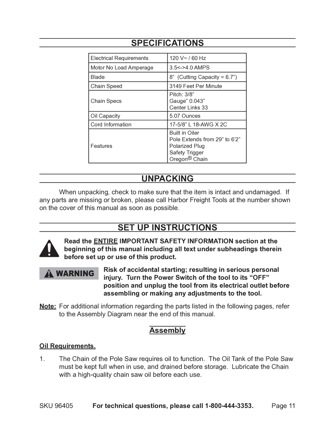 Chicago Electric 96405 manual Specifications, Unpacking, Set Up Instructions, Oil Requirements 