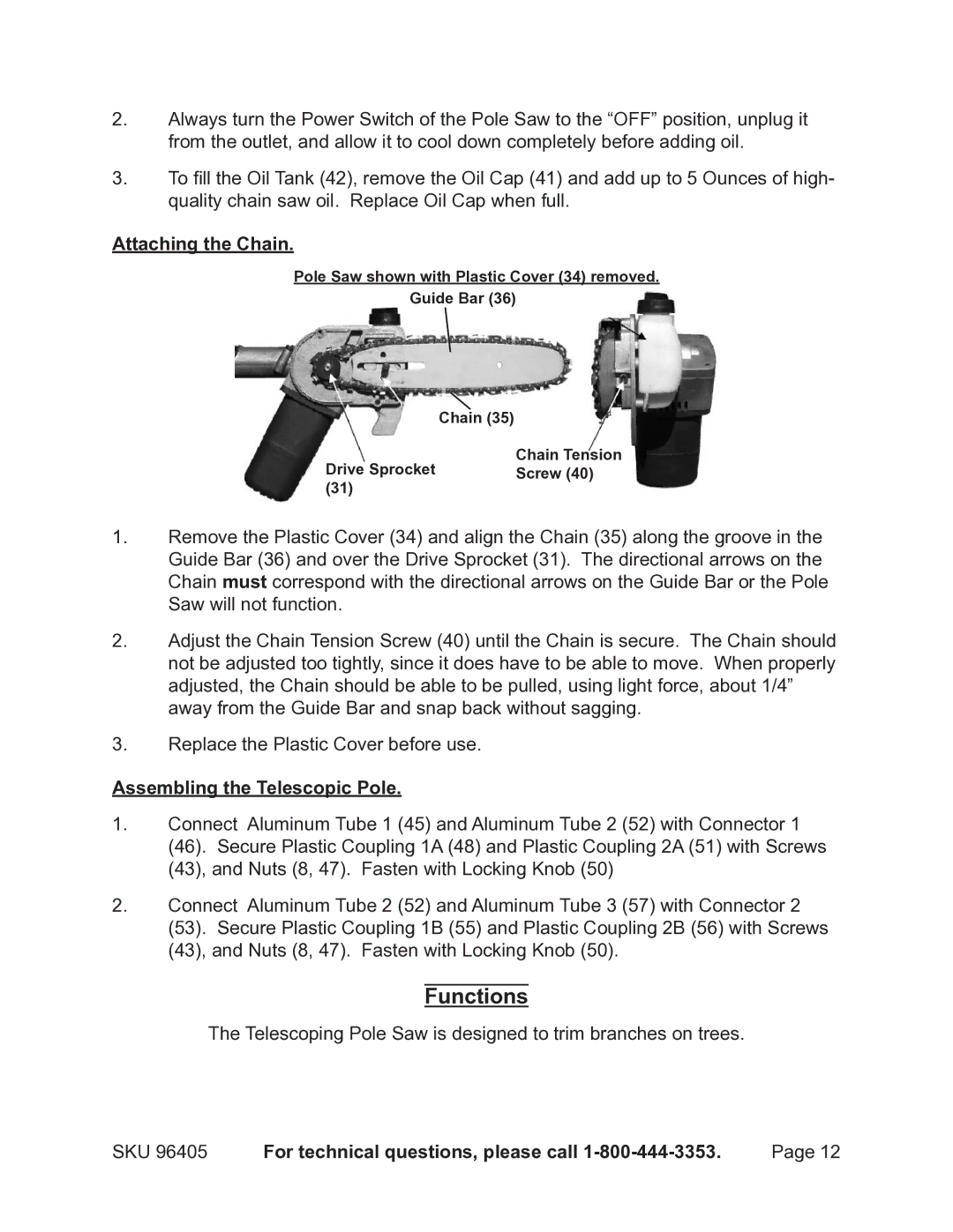 Chicago Electric 96405 manual Functions, Attaching the Chain, Assembling the Telescopic Pole 