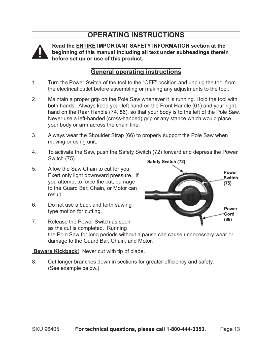 Chicago Electric 96405 manual Operating Instructions, General operating instructions 