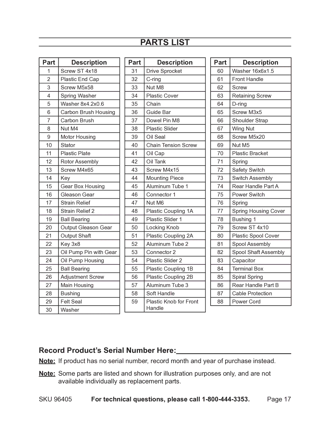 Chicago Electric 96405 manual Parts list, Record Product’s Serial Number Here, Part Description 