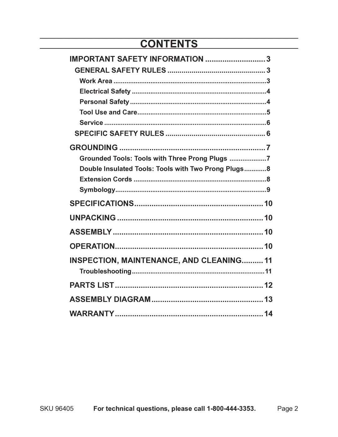 Chicago Electric 96405 manual Contents 