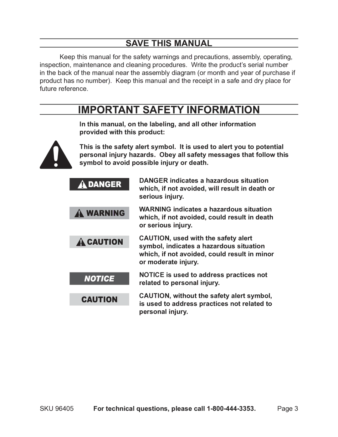 Chicago Electric 96405 manual Important Safety Information, Save This Manual 