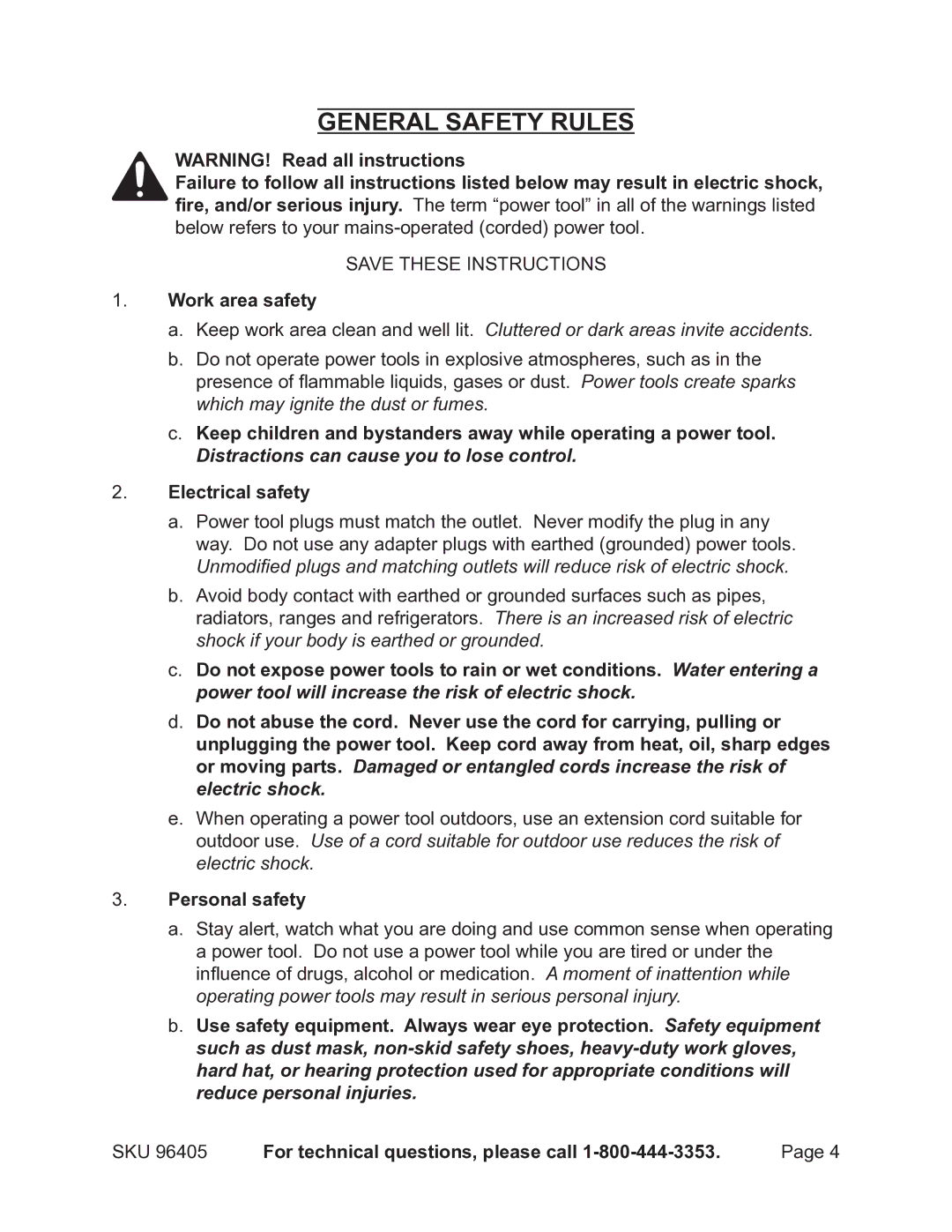 Chicago Electric 96405 manual General Safety Rules, Work area safety 