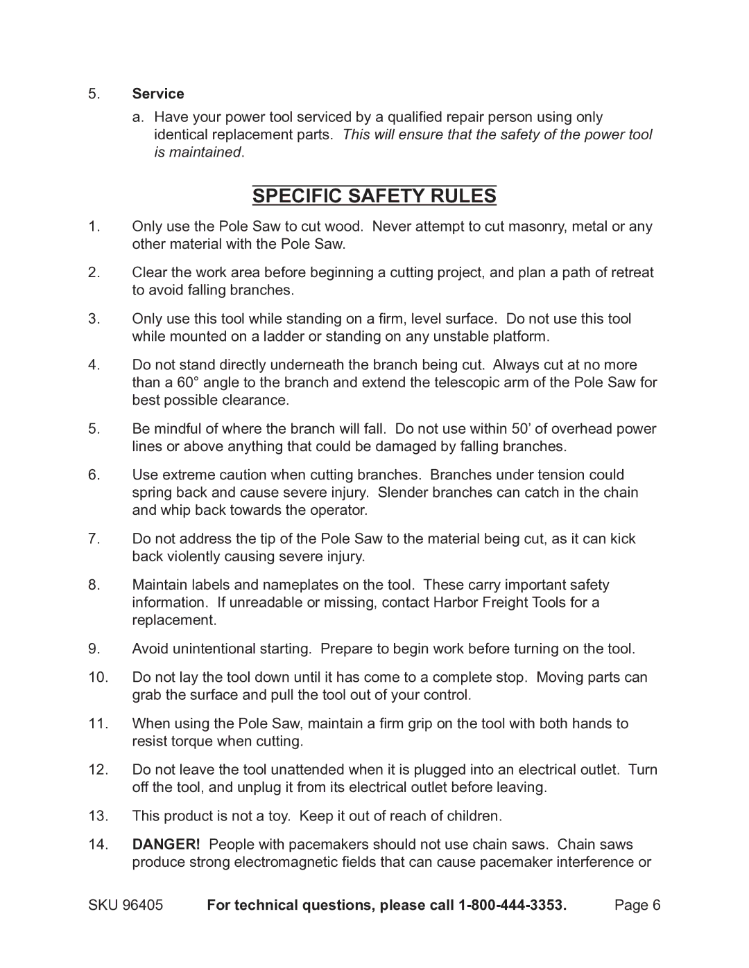 Chicago Electric 96405 manual Specific Safety Rules, Service 