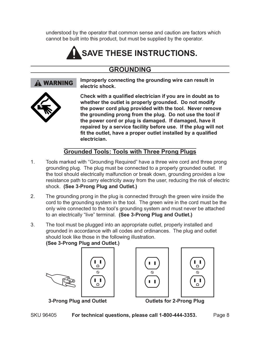 Chicago Electric 96405 manual Grounding, Grounded Tools Tools with Three Prong Plugs 