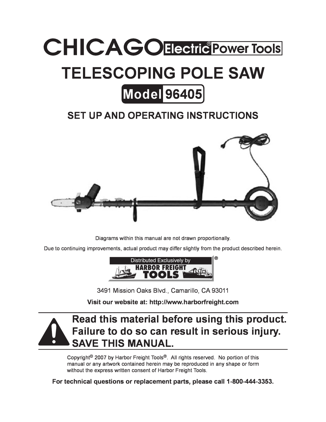 Chicago Electric 96405 manual Telescoping Pole saw, Model, Set up And Operating Instructions 